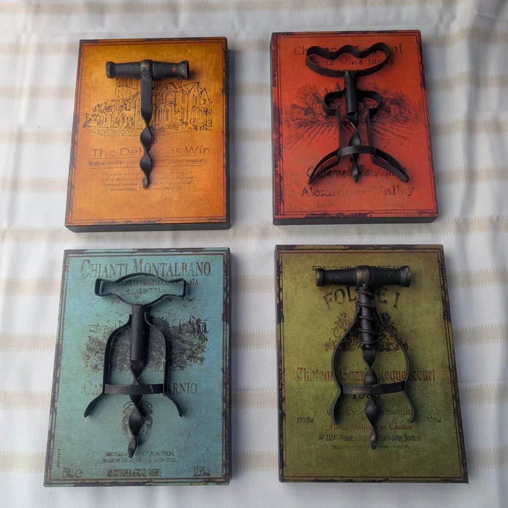 Wine Corkscrew Vtg Wall Decor Set Of 4- Multicolor